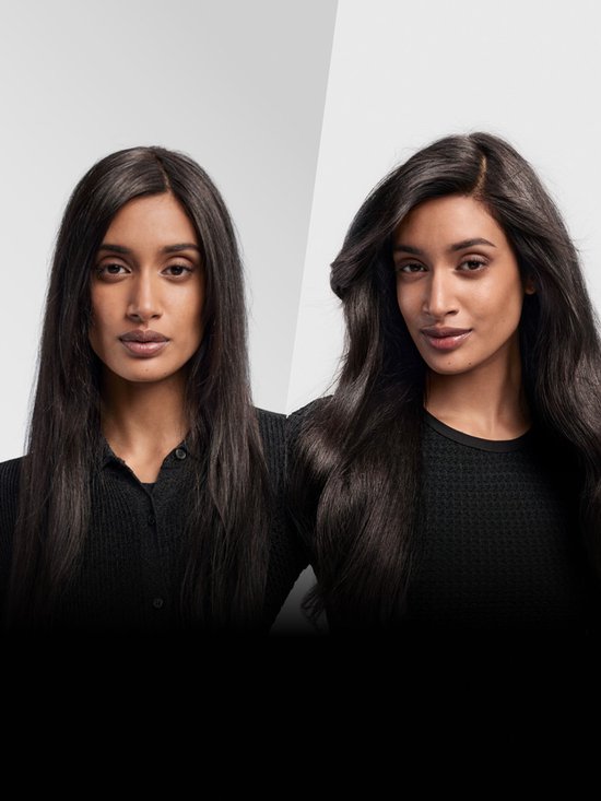 Voor en na: vrouw met lang, steil zwart haar krijgt volume en slag met Dyson Airwrap.