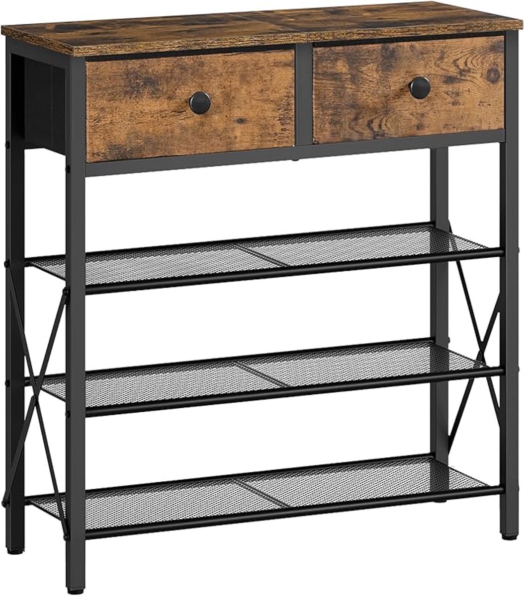 Thuys Schoenenrek met 4 Niveaus – Schoenenkast voor 16 Paar – Met 2 Stoffen Laden & 3 Metalen Roosters – Ruimtebesparend Schoenenrek voor Hal & Entree – Vintage Bruin/Zwart