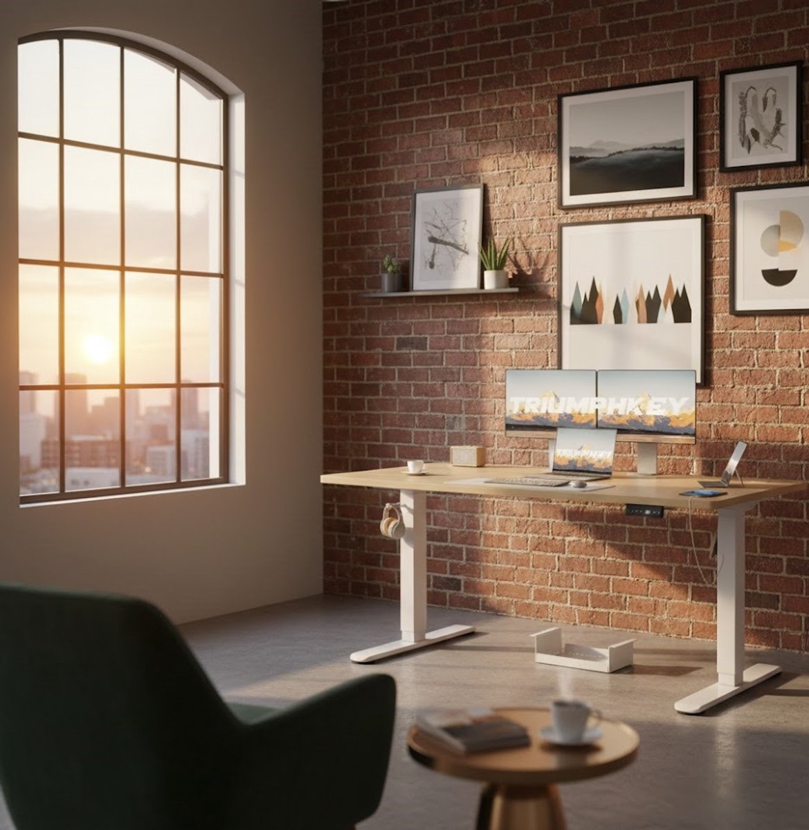 Elektrisch In Hoogte Verstelbaar Bureau met USB Oplaadpoort, 140x70 cm, Sta Bureau met 3 Geheugeninstellingen, Anti-Botssysteem, Beige + Wit – Depauwwonen