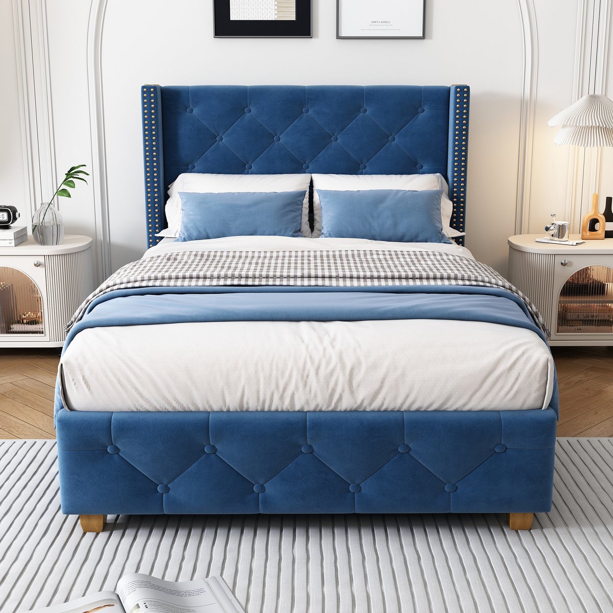 STILVORA Gestoffeerd bed 90x200cm – Eenpersoonsbed Met Knoptufting En Nieten – Met Lattenbodem Voor Slaapkamer/Jeugd – Fluweel – Blauw – Zonder matras
