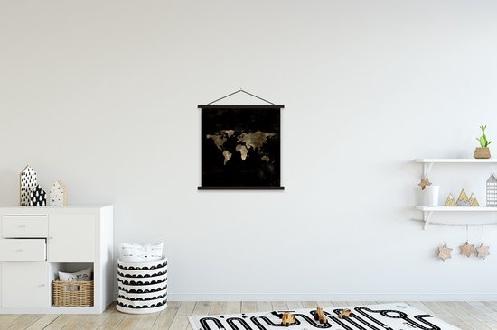 Affiche scolaire - Wereldkaart - Zwart - Or - 40x40 cm - Lattes noires