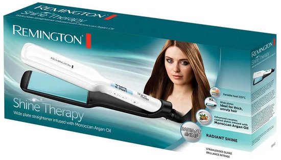 Emballage du fer à lisser Remington Shine Therapy avec une femme aux cheveux longs.