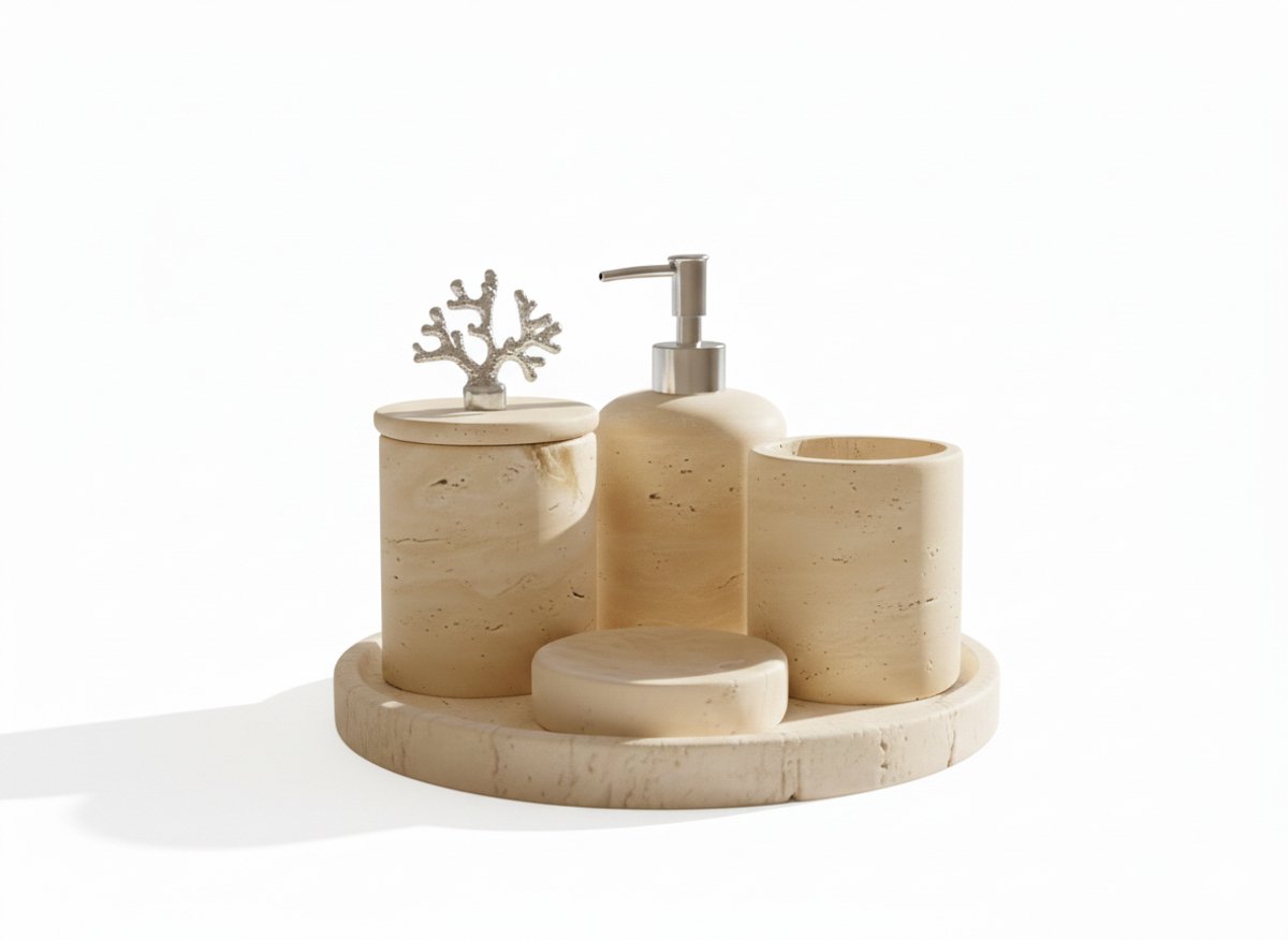 Travertin Badkameraccessoires Set – 5-delig – Natuursteen – Beige – Luxe Afwerking met Zilverkleurige Details