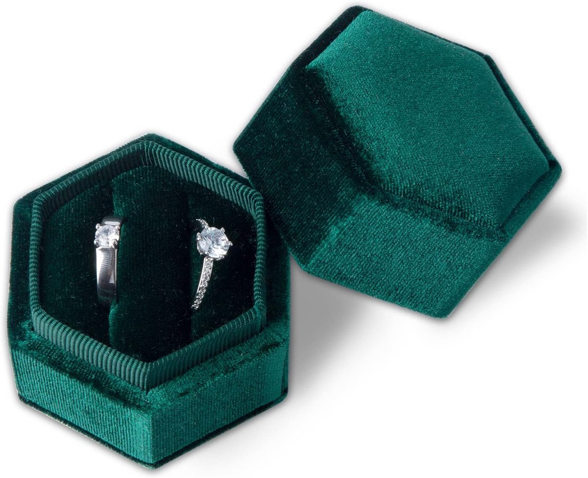 Zeshoekige Ringdoos voor Verloving en Bruiloft - Donkergroen Corduroy met Afneembaar Deksel