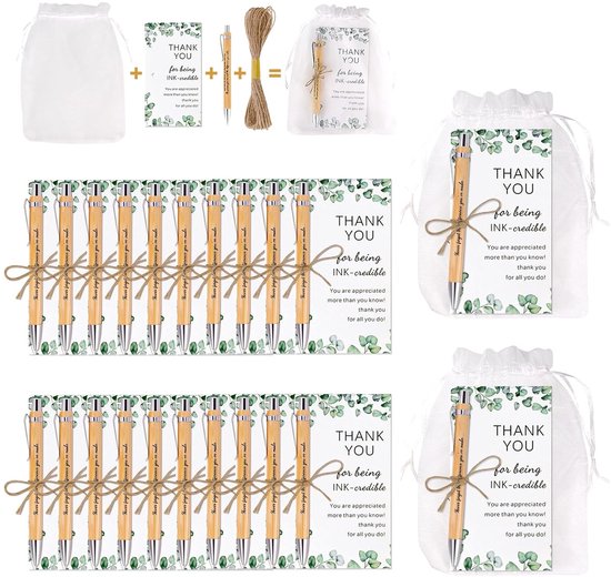 Ensemble de 24 Stylos Porte-Bonheur - Remerciements et Cadeaux d'Adieu pour Collègues et Enseignants - Sachets en Organza et Cartes de Vœux