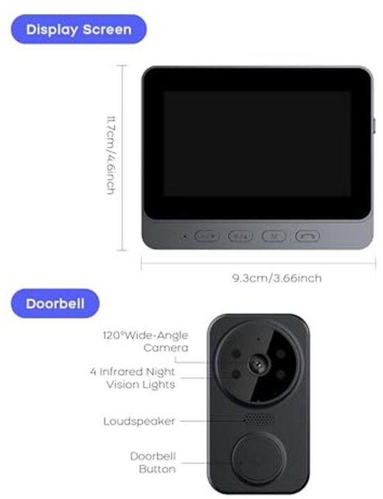Draadloze Video Deurbel met Camera, 4.3 Inch IPS Scherm, Bluetooth Verbinding, Geen WLAN/App Nodig, Lokale Geheugen, Nachtzicht, 2-Weg Audio, Opname van Merkloos — afbeelding 3