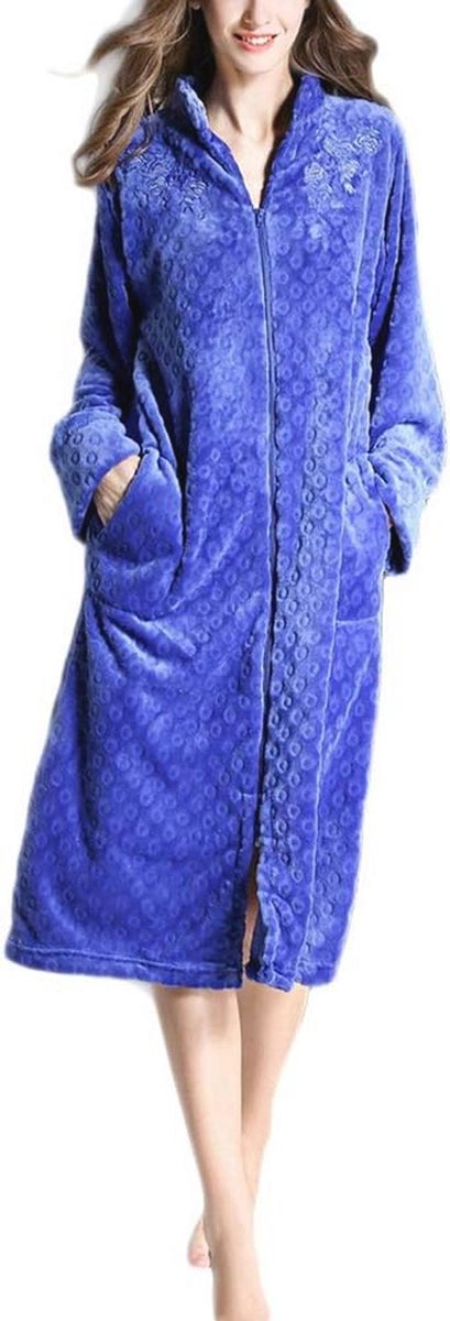 Dames Fleece Badjas Lange Lengte met Hoed en Rits - Warm Fluwelen Gewaad voor Winter