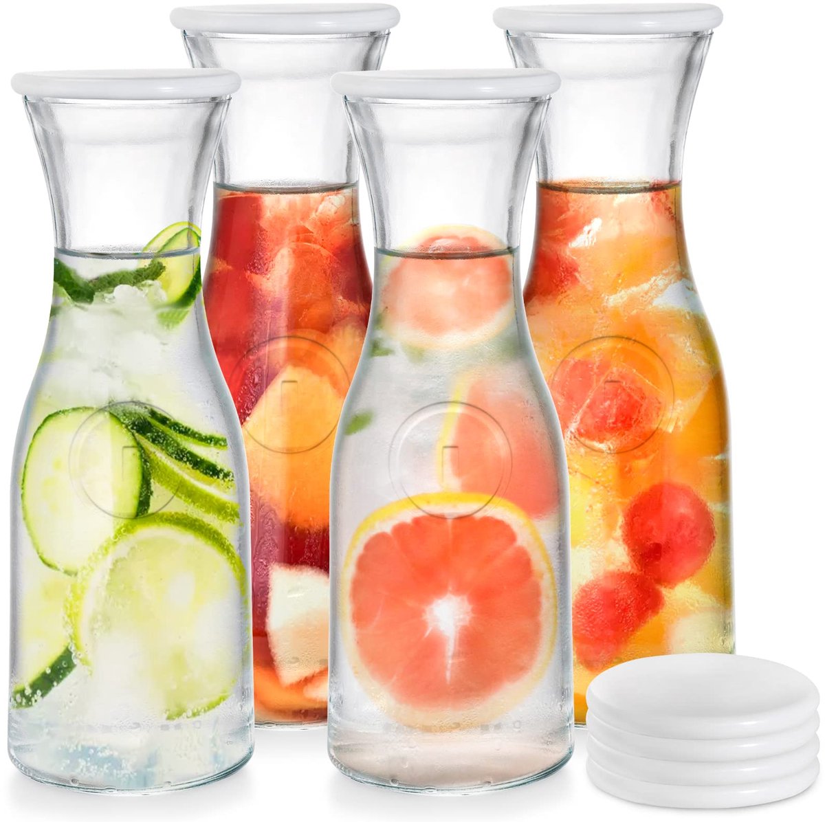 Unyqoos® Set van 4 glazen karaffen met deksel voor diverse dranken van 1 liter