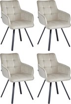 Vier beige fluwelen eetkamerstoelen met armleuningen en zwarte draaipotensets.