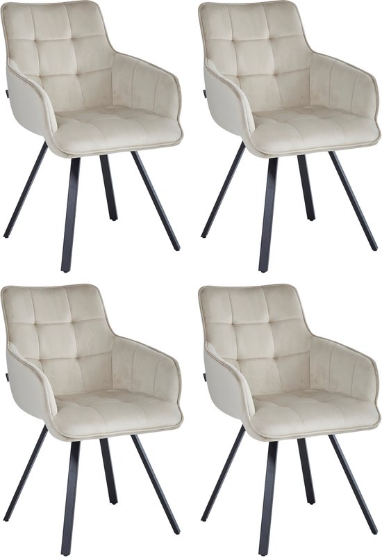 Vier beige fluwelen eetkamerstoelen met armleuningen en zwarte draaipotensets.