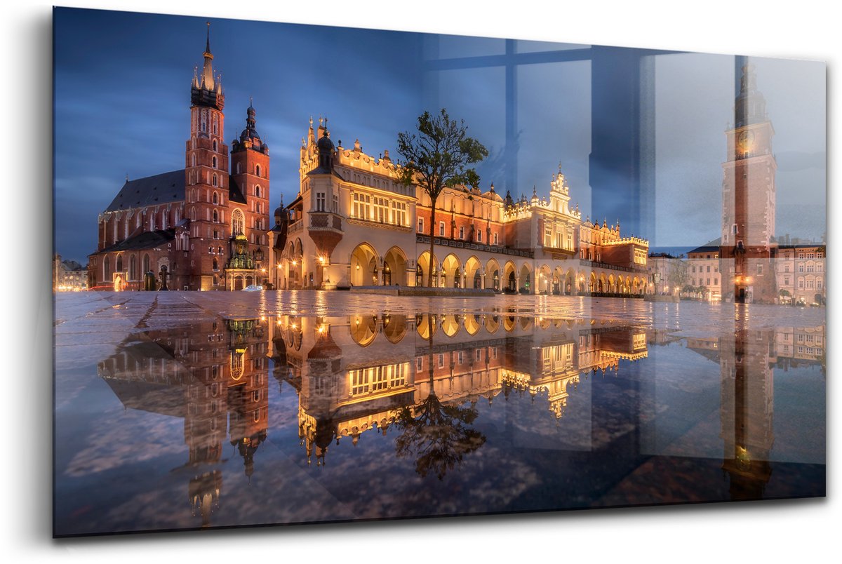 Wallfluent Glasschilderij - Lakenhal op het Marktplein van Krakau Foto Schilderij Op Glas - 100x50 cm - Geel Horizontale muurfoto - Steden Glas Schilderij - Schilderij Glas - Schilderij Op Glas