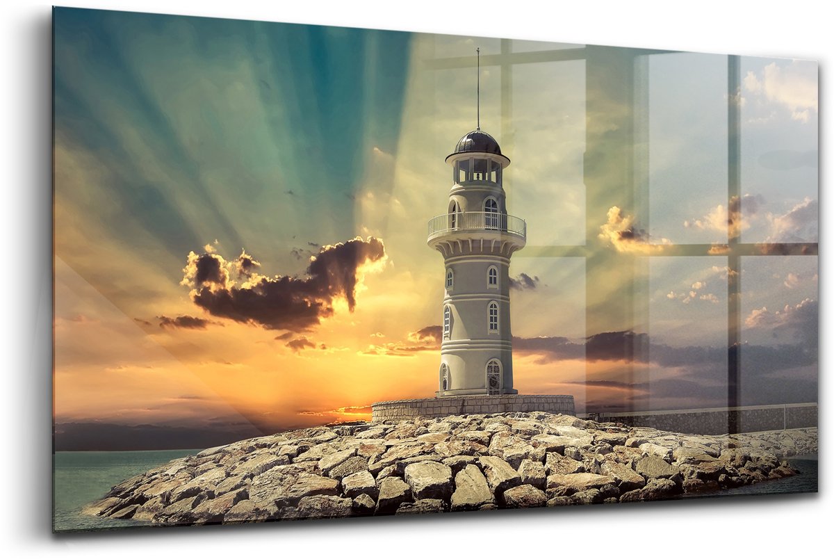 Wallfluent Glasschilderij - Vuurtoren op zee Glas Foto - 120x60 cm - Blauw Horizontale muurfoto - Architectuur Glazen Schilderij - Foto Op Glas - Foto Schilderij Op Glas