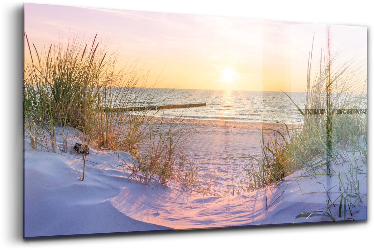 Wallfluent Glasschilderij - Poolse Zee - strand in de zon Foto Glas - 140x70 cm - Beige Horizontale muurfoto - Landschap Foto Schilderij Op Glas - Foto In Glas - Foto Op Glas
