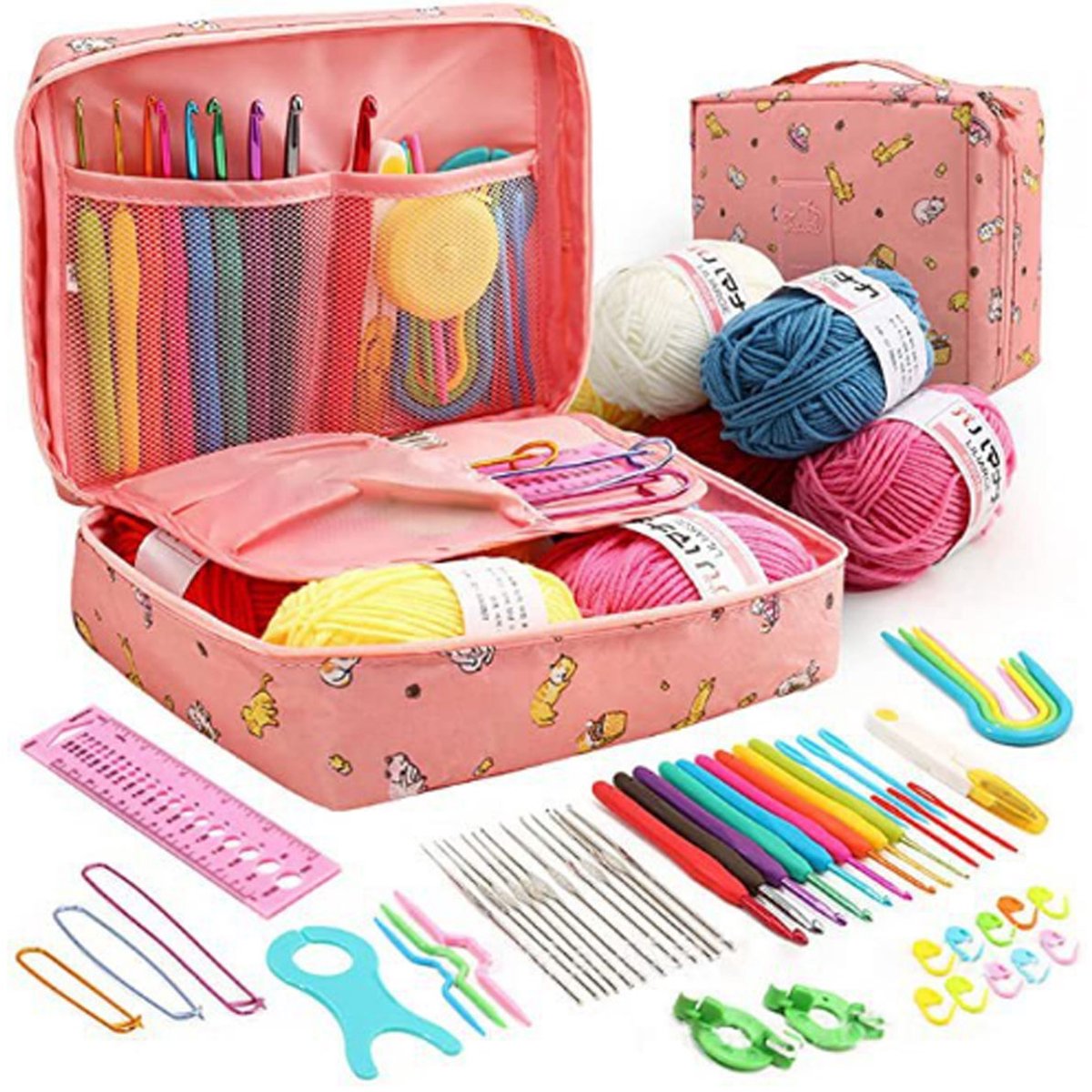 Haakpakket voor beginners volwassenen, haakpakketten inclusief garen, haakstartpakket voor beginners kinderen, ergonomische haaknaalden 2,0-6,0 mm, kantstalen naalden 0,6-1,9 mm