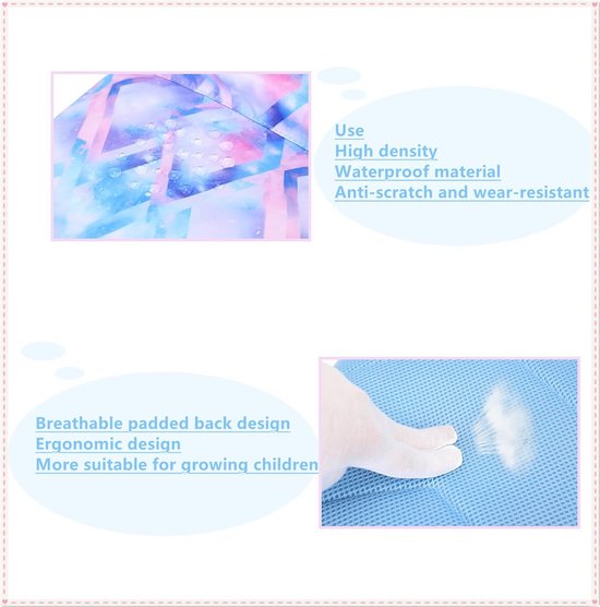 Detailopname van waterdruppels op een blauwe, roze en paarse rugzak met geometrische print. Ademend rugpaneel.