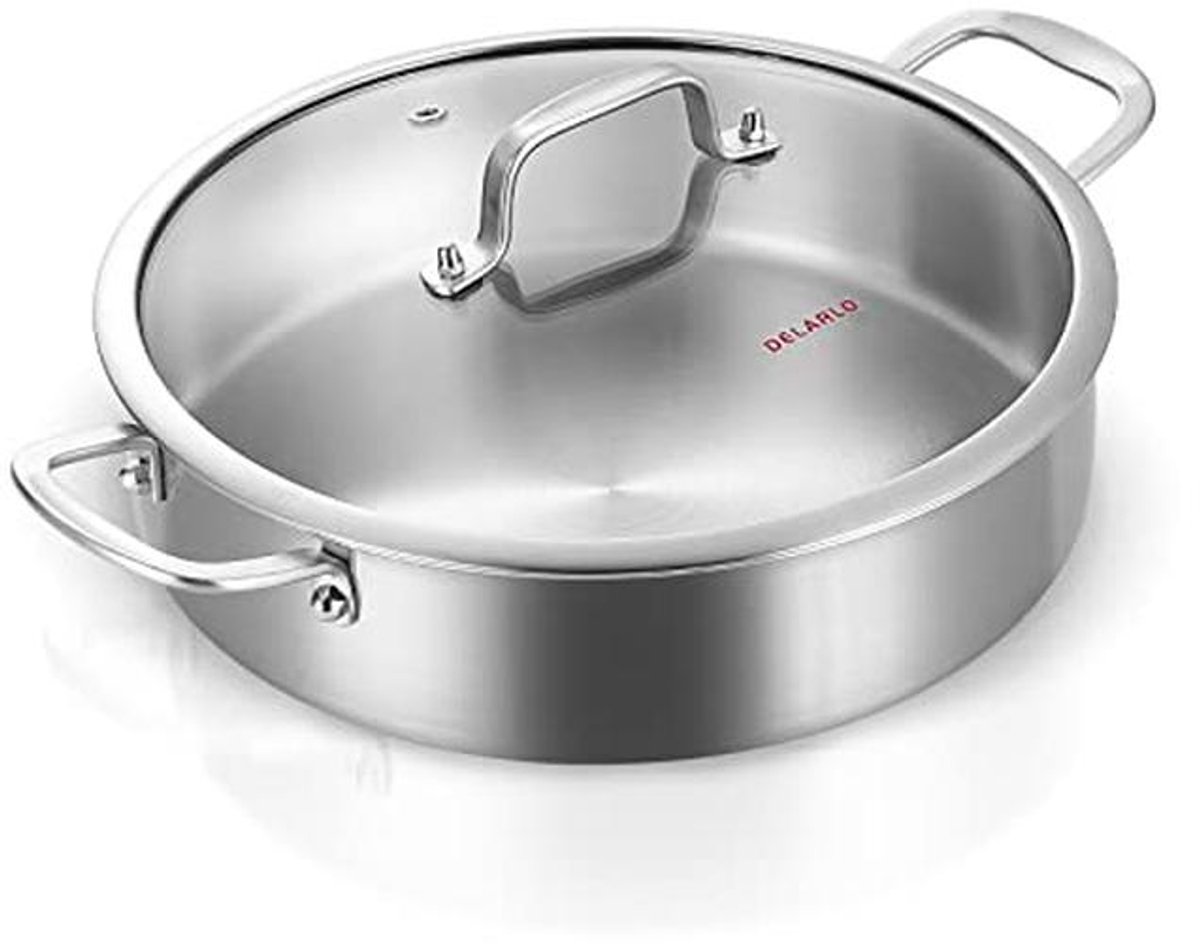 Diepe Koekenpan 6 Qt - Inductie Compatibel, Vaatwasser en Oven Veilig, RVS Sauteerpan met Deksel