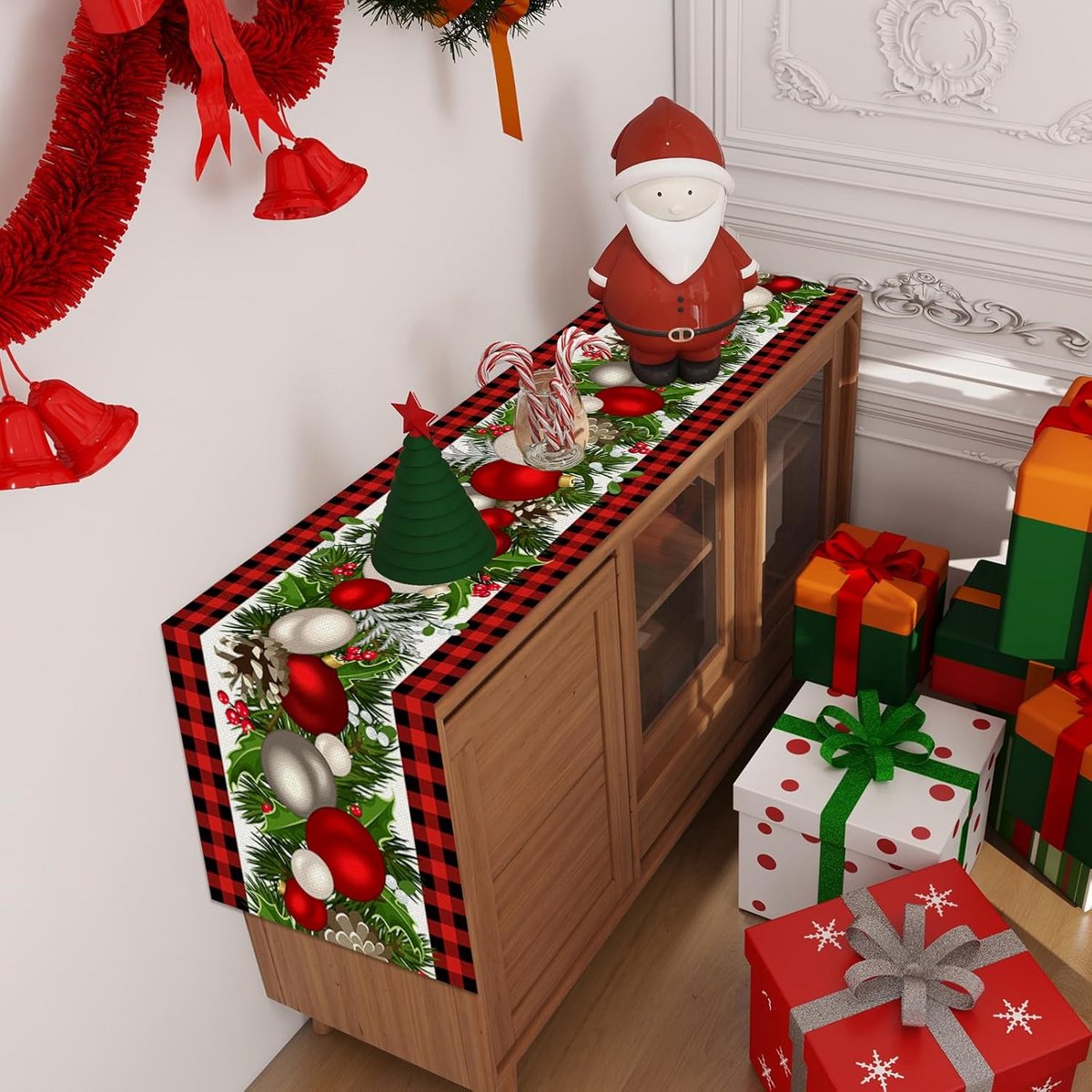 Linnen Kerst Tafelloper Rood en Zwart Geruite Stijlvolle Winter Decoratie 72 Inch