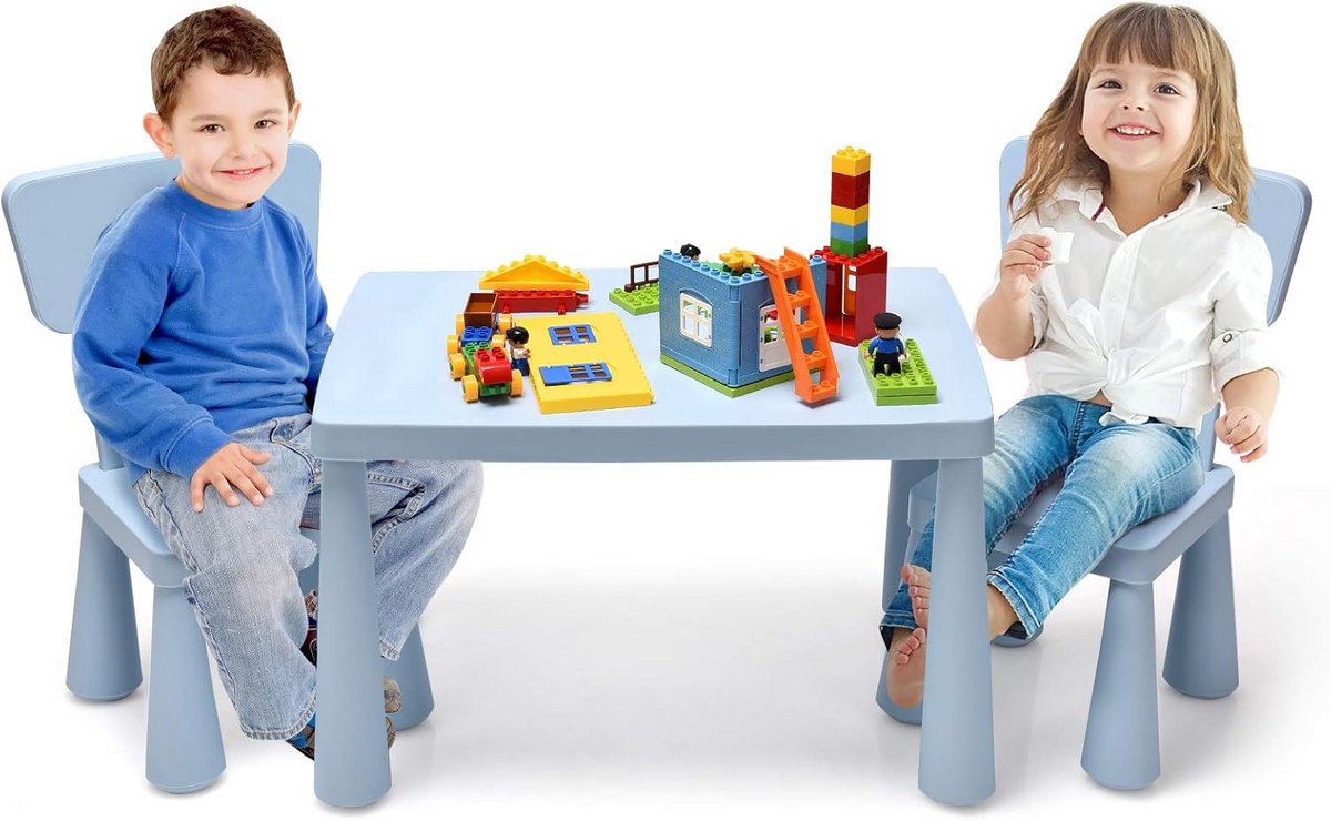 Kindertafel met Twee Stoelen, Blauw Plastic Zitset met Rugleuning voor Kinderkamer