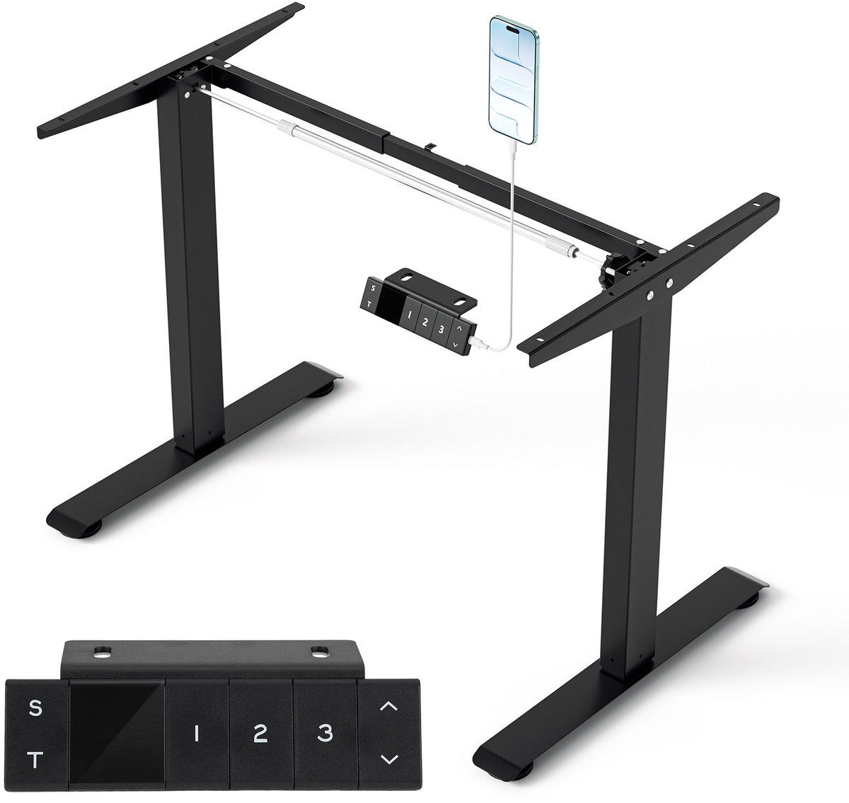 Zit-sta bureau frame met omgekeerde enkele motor - 3 geheugenstanden en USB-aansluiting - Extra stabiel 65x45mm buisprofiel