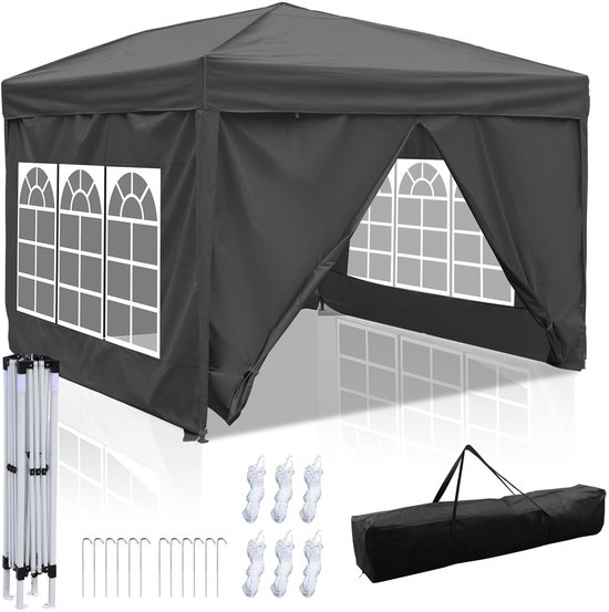 Grijze partytent met opengewerkt frame, draagtas, touwen en haken.