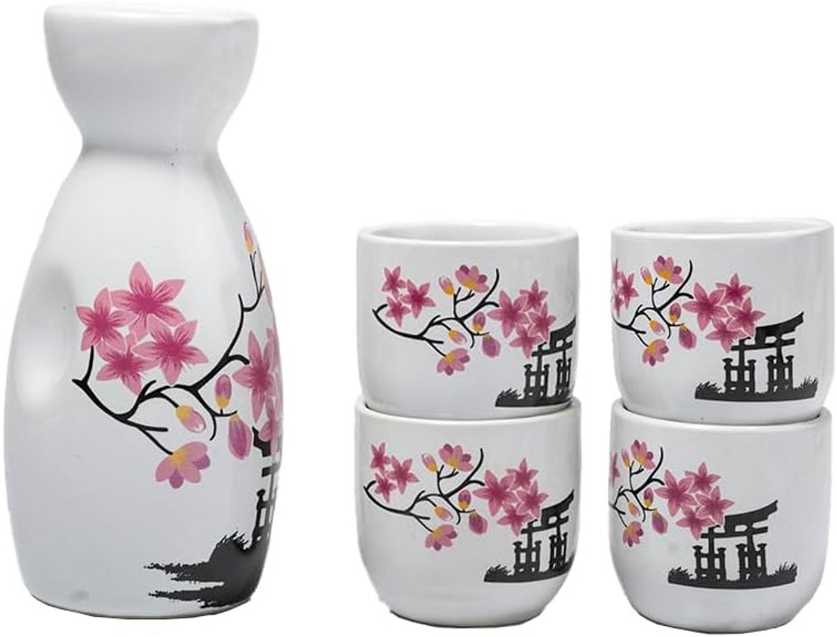 Traditioneel Sake-servies met Pagode en Kersenbloesems - 4 Kommen en Karaf