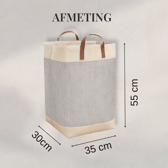 Webzon – Panier à linge – Paniers à linge – Panier à linge pliable – Panier à linge pliable – 30×35×55 cm – Design anglais – Tissu jute avec poignées en cuir – Panier de rangement – Pliable et gain de place – Gris crème