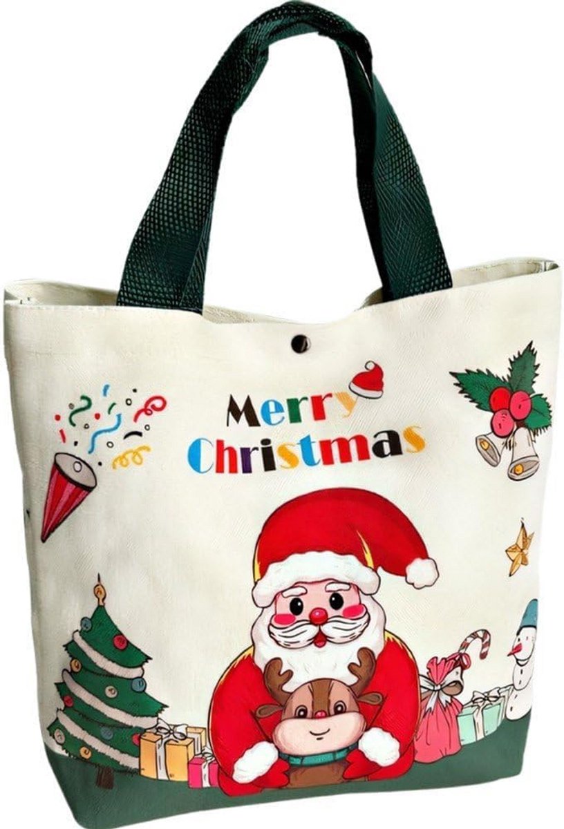 Canvas Draagtas met Kerstman en Kerstboom - Duurzame Boodschappentas met Handvatten