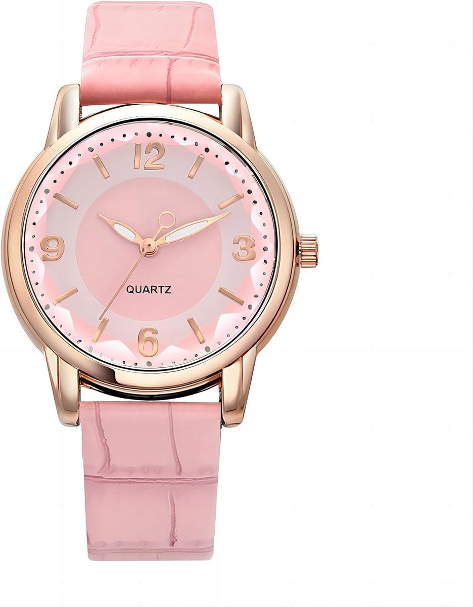 Modern Roze Dameshorloge met Leren Armband