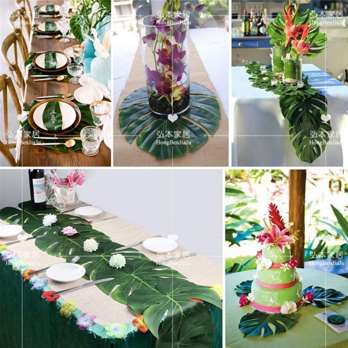 Tafelloper met 12 kunstmonstera bladeren - Tropische tafeldecoratie voor bruiloften