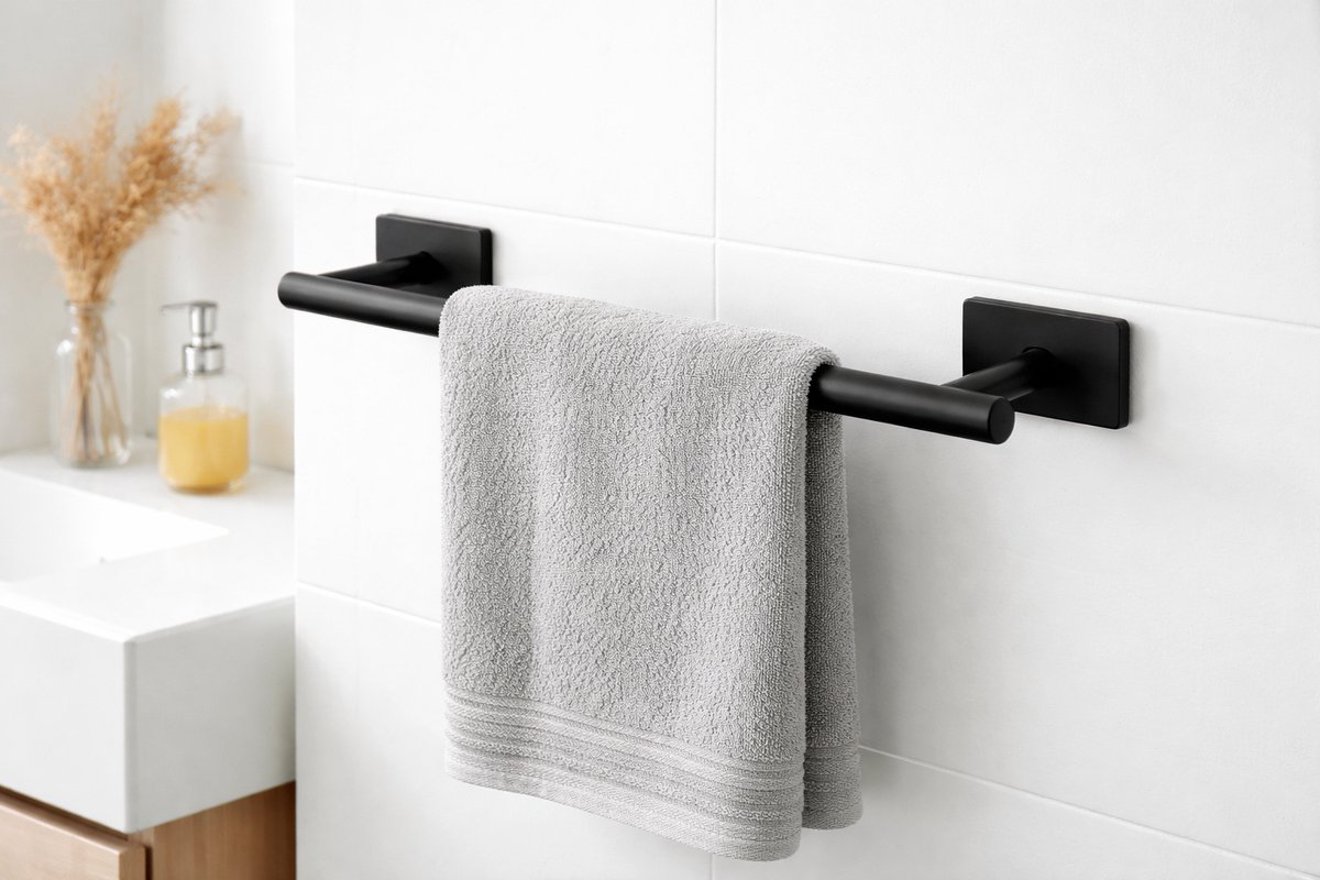 Zelfklevend Handdoekrek & Kledingrek – Zonder Boren – Badkamer / Keuken – Handdoekhouder – Handdoekstang – RVS – Zwart – ShowerEase