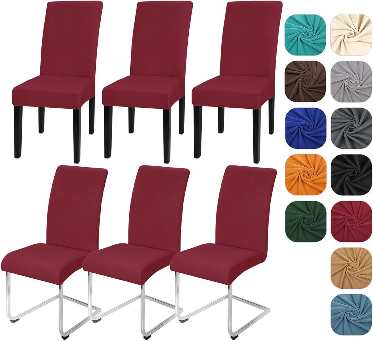 Elastische Stoelhoezen Set van 6 - Verwijderbare en Wasbare Covers voor meubels in Kleur Bordeau