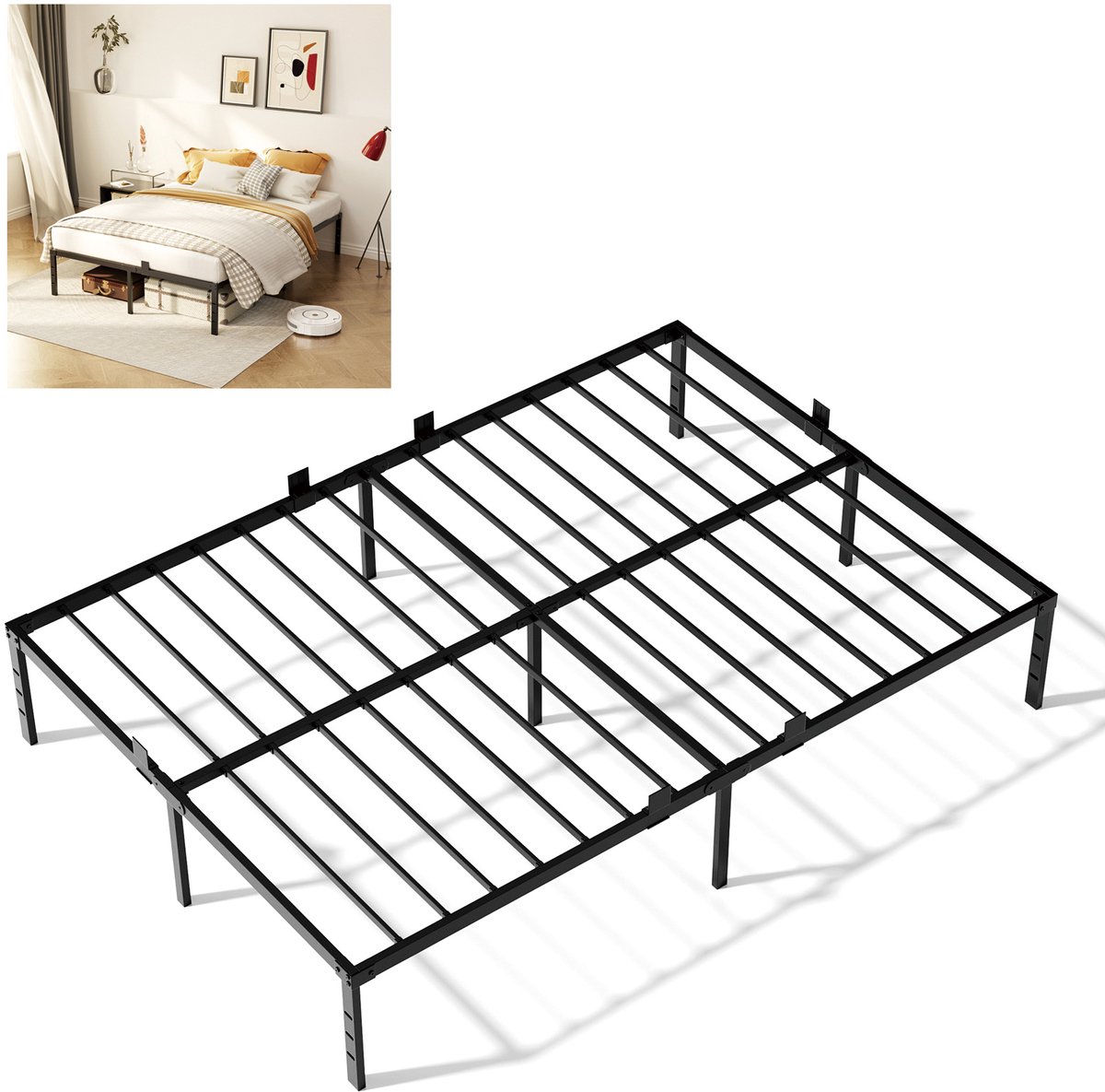 CECIPA Tweepersoonsbed 140x200 cm - Heavy Duty Metalen Bedframe - Met Lattenbodem en 32 cm Opbergruimte - Voor 2 personen - Draagkracht 480 kg
