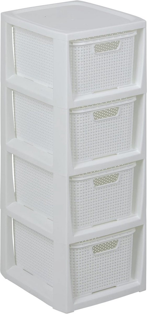 Rek in rotan design - BPA-vrije kunststof, wit, 29,5 x 24 x 64,2 cm, met 4 manden