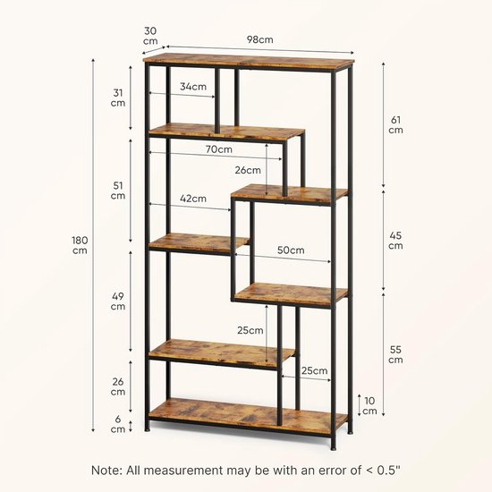 Bealife FS13 Boekenrek met 5 planken - Boekenkast industrieel - Kasten - 98x30x180cm - Bruin