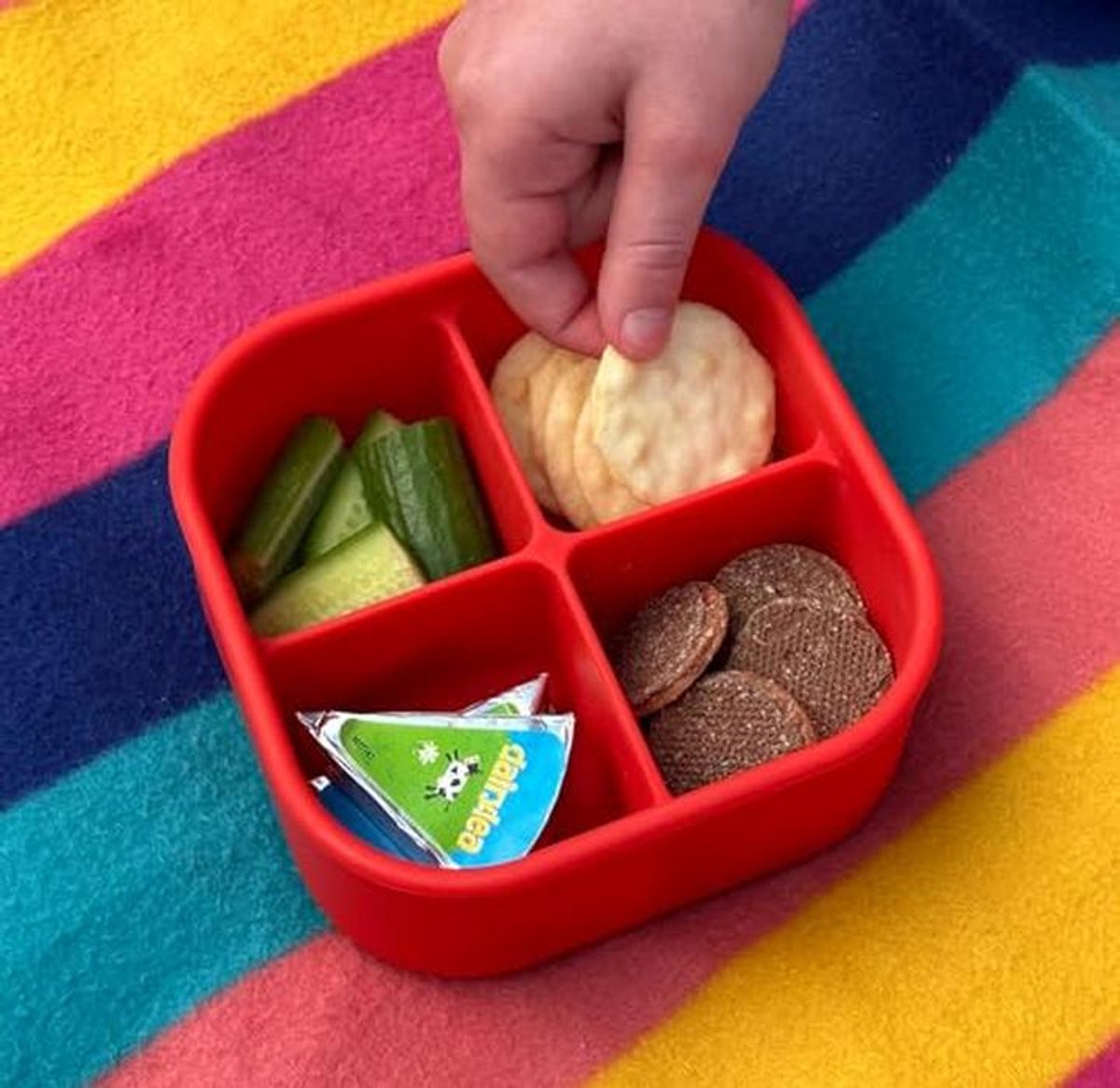 Vierkante siliconen snackbox met 4 compartimenten - valbestendig en lekvrij
