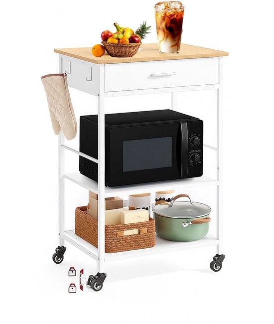 Keukenkast Met Deur - 110 X 42 X 90 Cm - Keukentrolley Met 3 Laden Mdf Wit