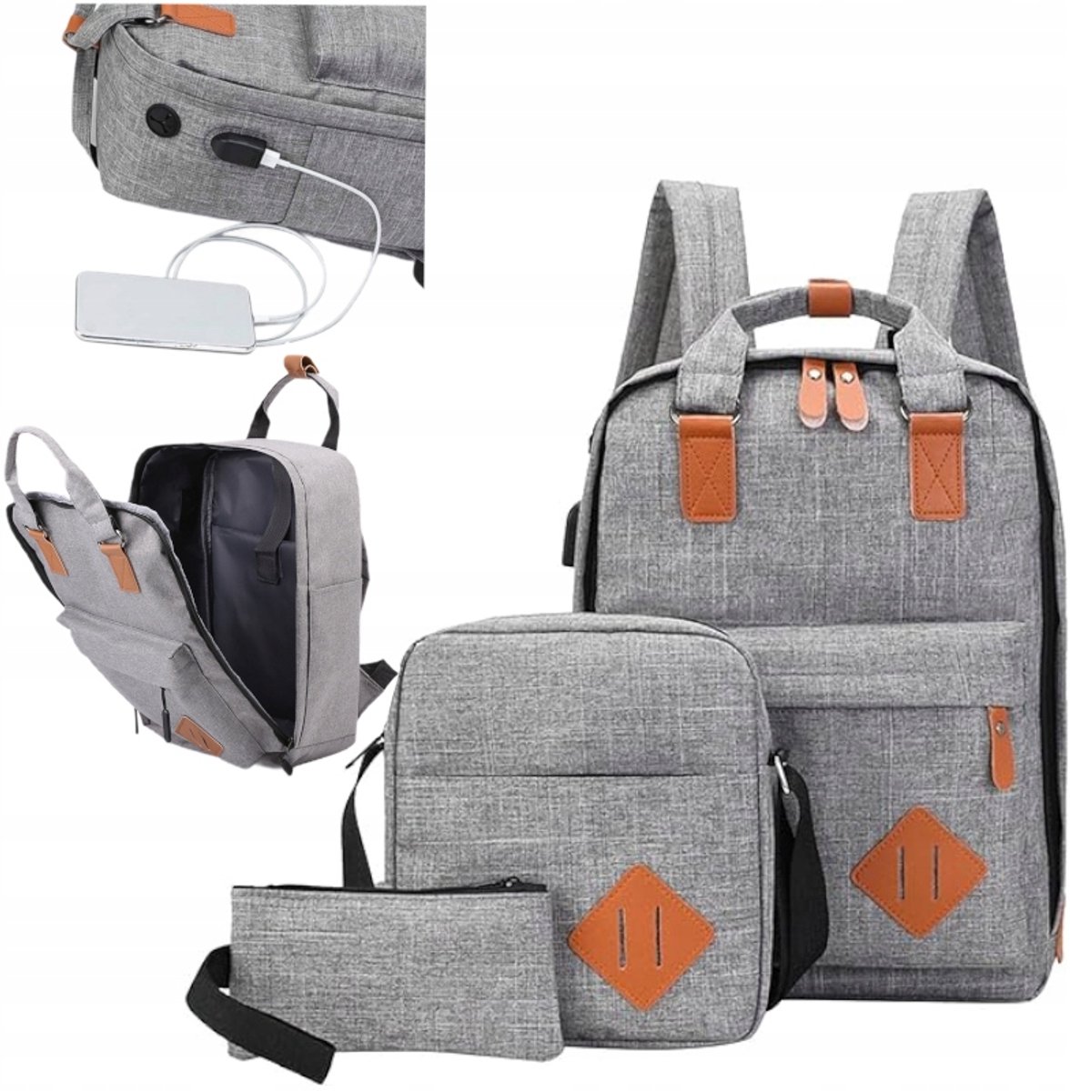 Merkloze Reisrugzak Handtas 40x15x25cm met USB & Set