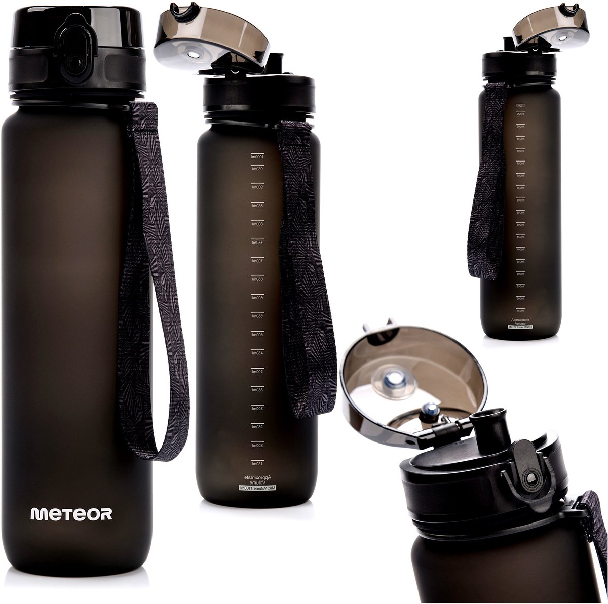 Meteor Sportfles 1000ml Z Miarką & Zeef - Zwart