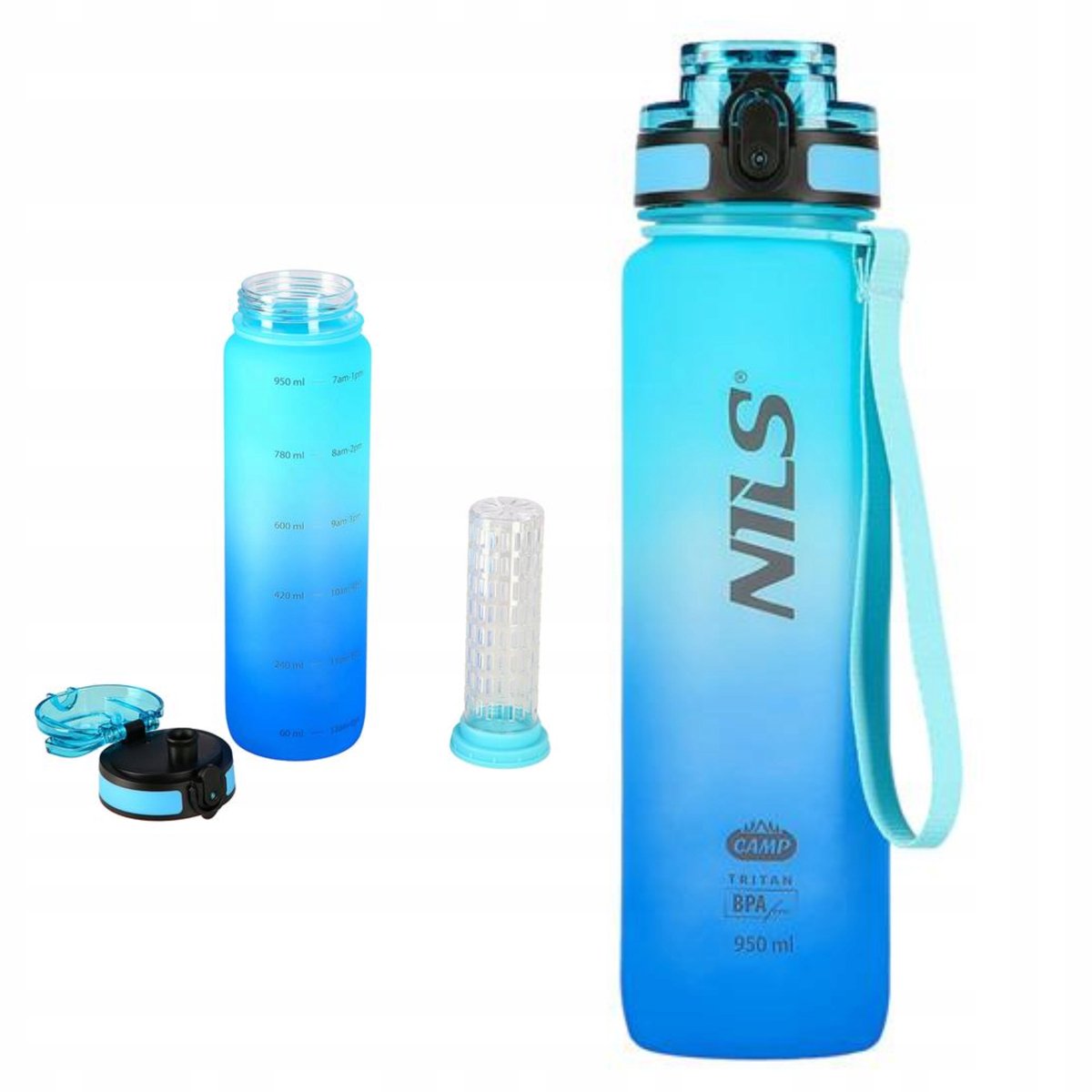 Nils Camp Tritan Fles 950ml Blauw met Fruitmand - BPA Vrij