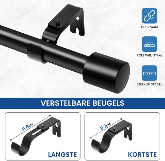 Zwarte gordijnroede met verstelbare beugels; langste 11.8cm, kortste 9.2cm. Duurzaam, roestvrij.