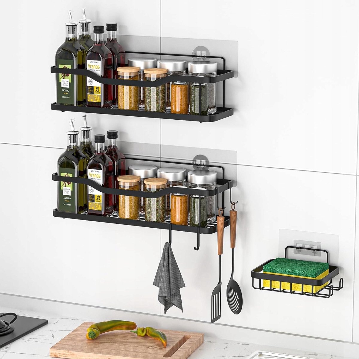 Merkloos Zwart Wandrek Set 3-Delig - Zonder Boren - Badkamer & Keuken