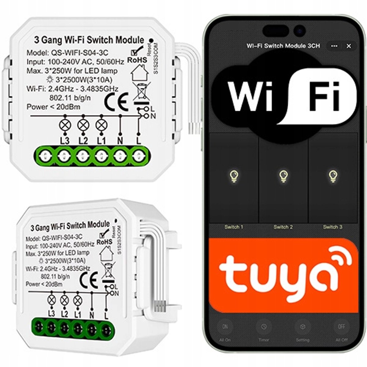 SONE WiFi 3-kanaals relaismodules Tuya Smart Life | Slanke verlichting