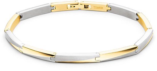 Armband van titanium met gouden en zilverkleurige schakels.