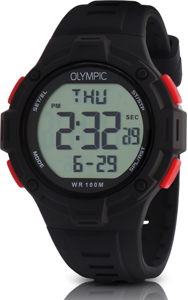 Olympic OL45HKR021 Digital Horloge - Mineraalglas - Kunststof - Zwart - 42 mm breed - Quartz - Gesp - 10 ATM (zwemmen)