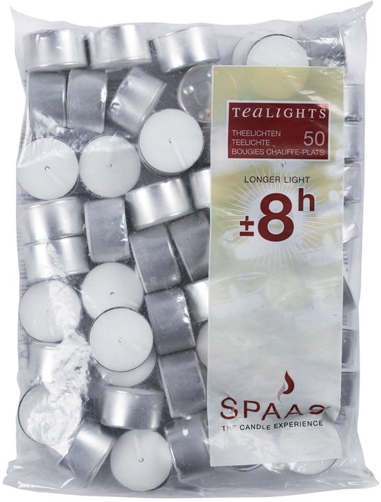 Zak met 50 SPAAS theelichten, ±8 uur brandtijd, zilverkleurige houders.