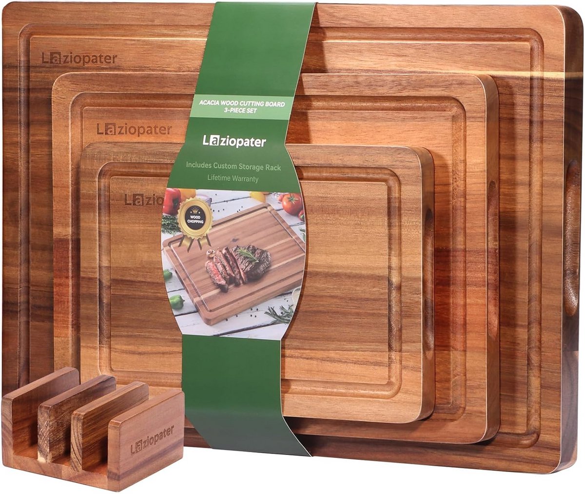 Massieve Houten Snijplank Set van 3 met Houder en Diepe Sapgroeven