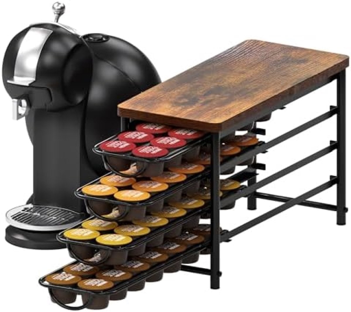 Vierlaagse koffiecapsule organizer met glijlades en houten bovenblad
