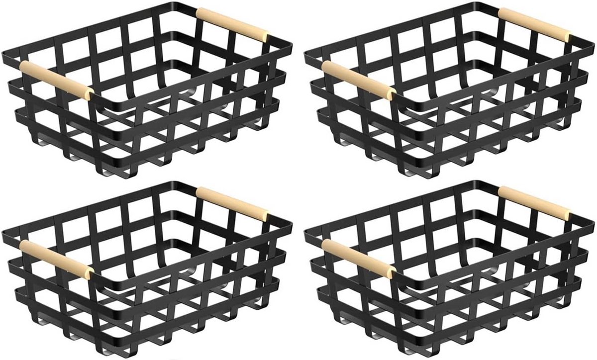 Set van 4 Grote Metalen Draadmanden met Houten Handvatten voor Opslag