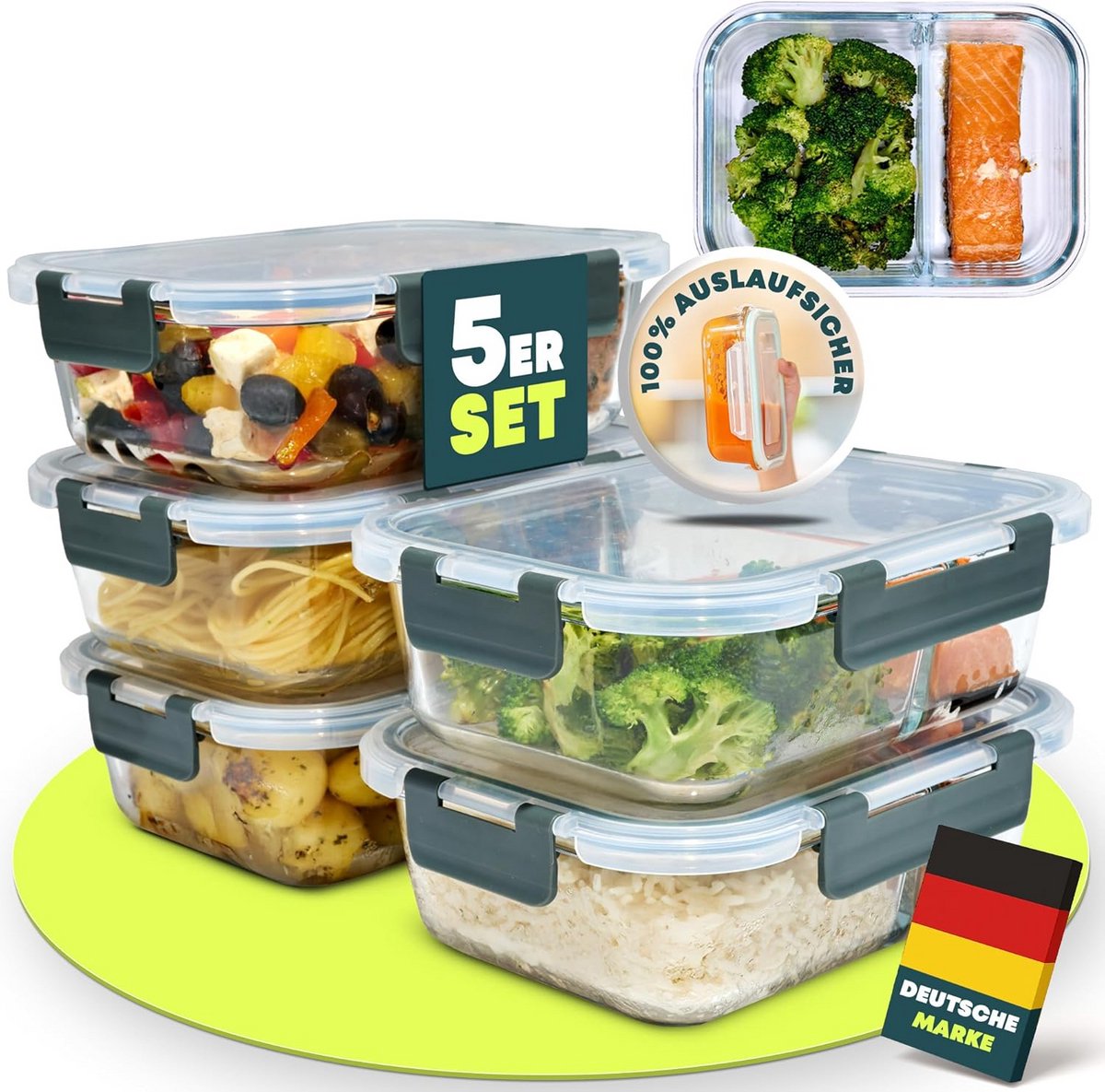 Glazen Bewaar- en Maaltijdbakjes met Deksel - Set van 5 met Scheidingswand