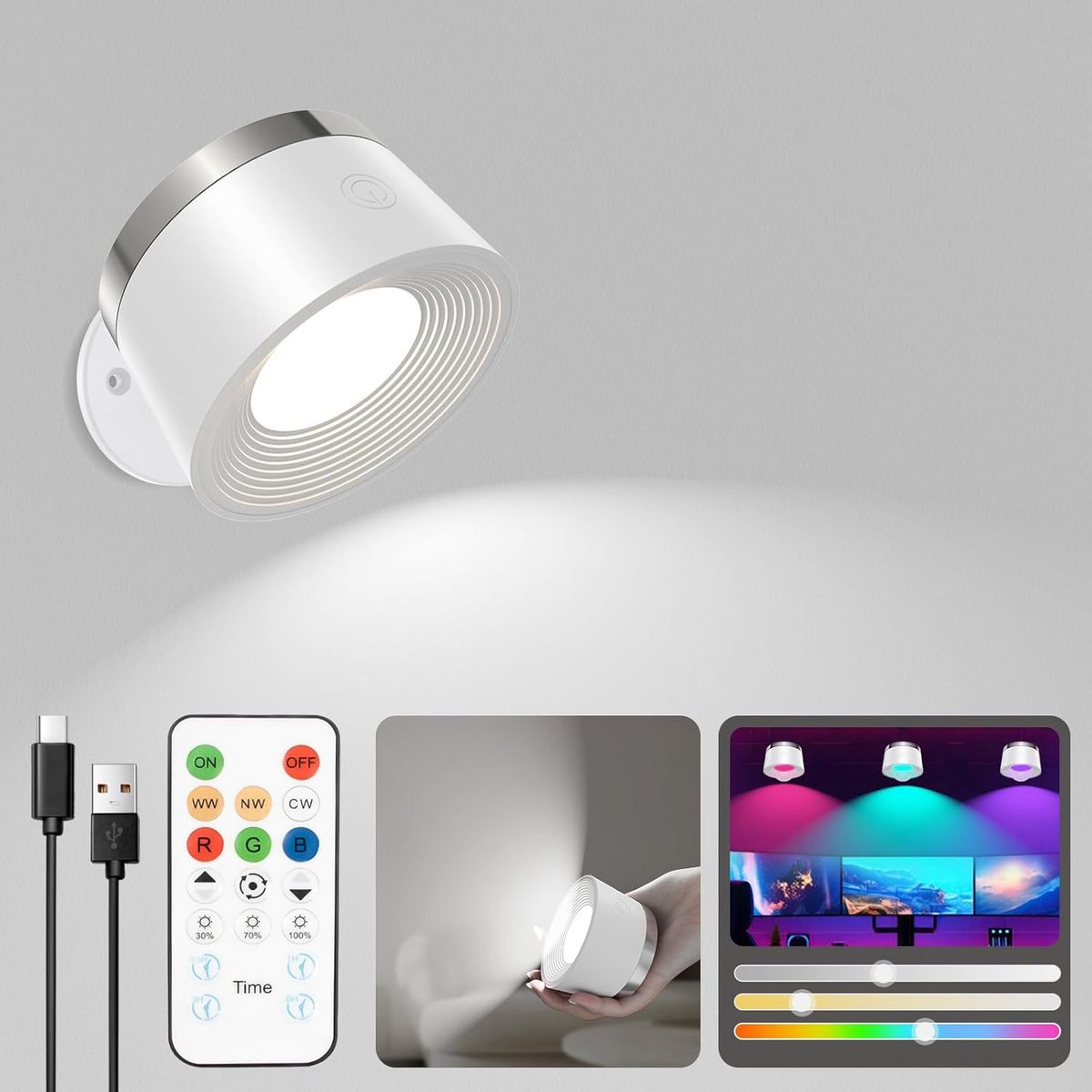 Draaibare Draadloze LED Wandlamp met Afstandsbediening en Instelbare Kleuren